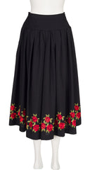 1970s Rose Embroidered Black Peasant Full Midi Skirt