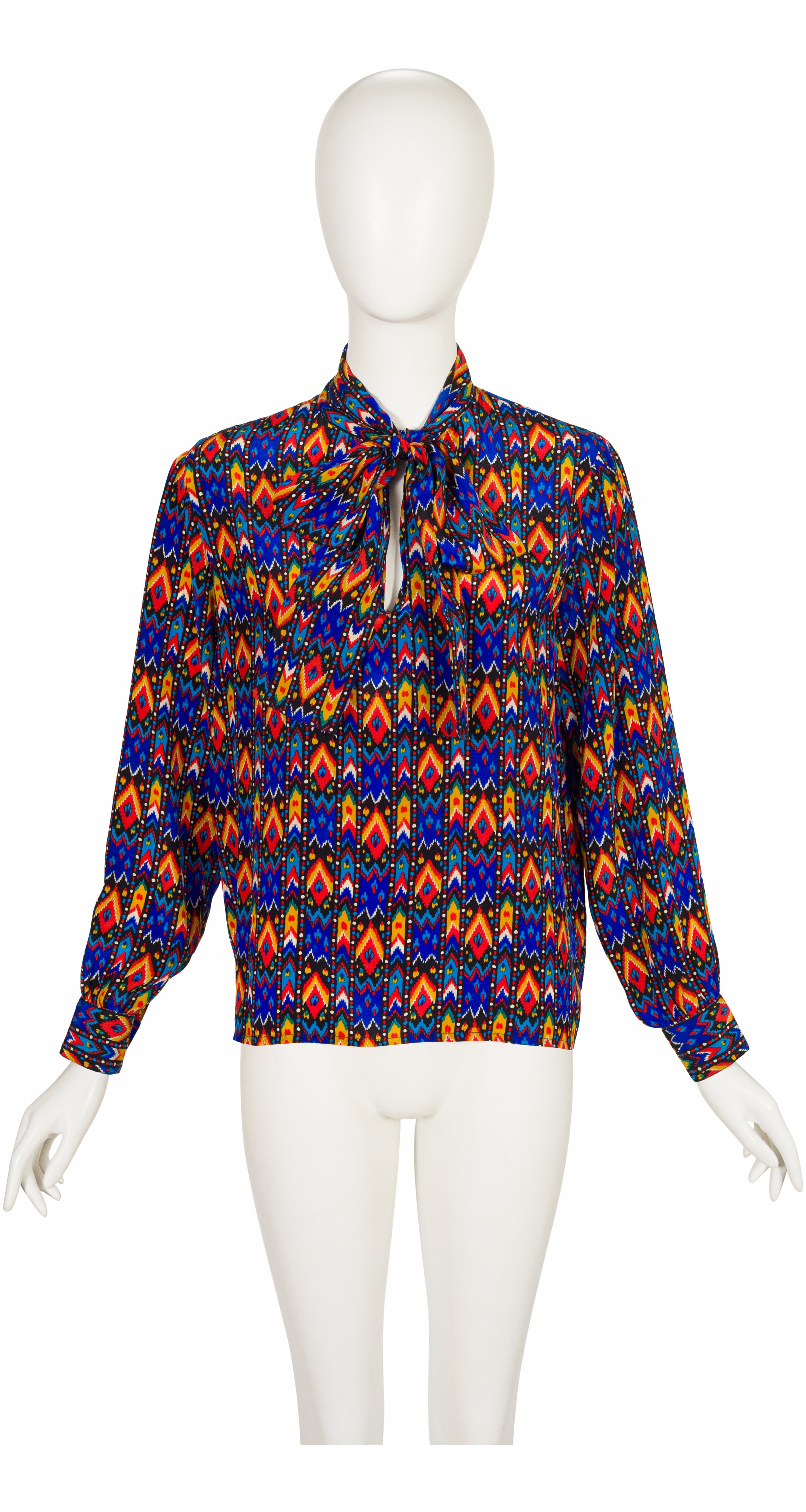 1980-81 F/W Ikat Print Silk Tie-Neck Blouse