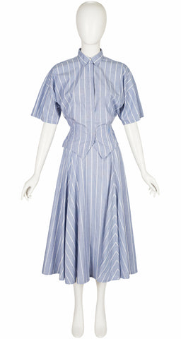 1980s Striped Chambray Cotton Collared Shirt & Skirt Set