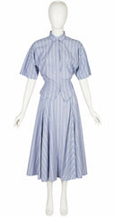 1980s Striped Chambray Cotton Collared Shirt & Skirt Set