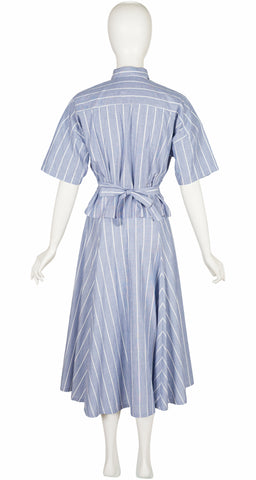 1980s Striped Chambray Cotton Collared Shirt & Skirt Set