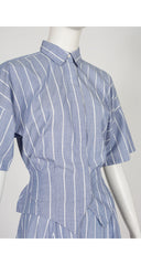 1980s Striped Chambray Cotton Collared Shirt & Skirt Set