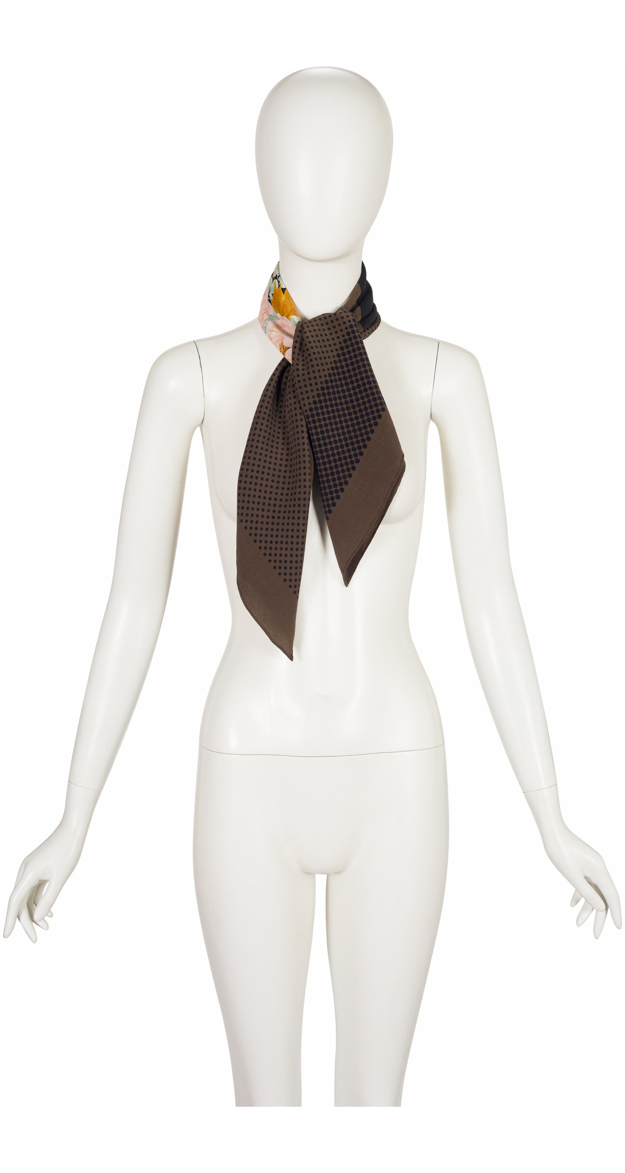1980s "D" Floral Bouquet Print Brown Silk Scarf