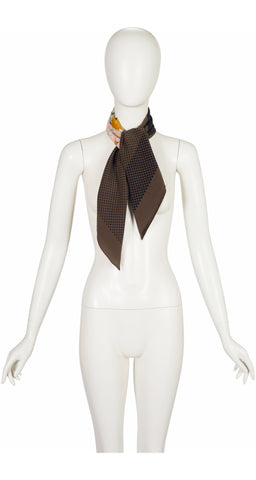 1980s "D" Floral Bouquet Print Brown Silk Scarf