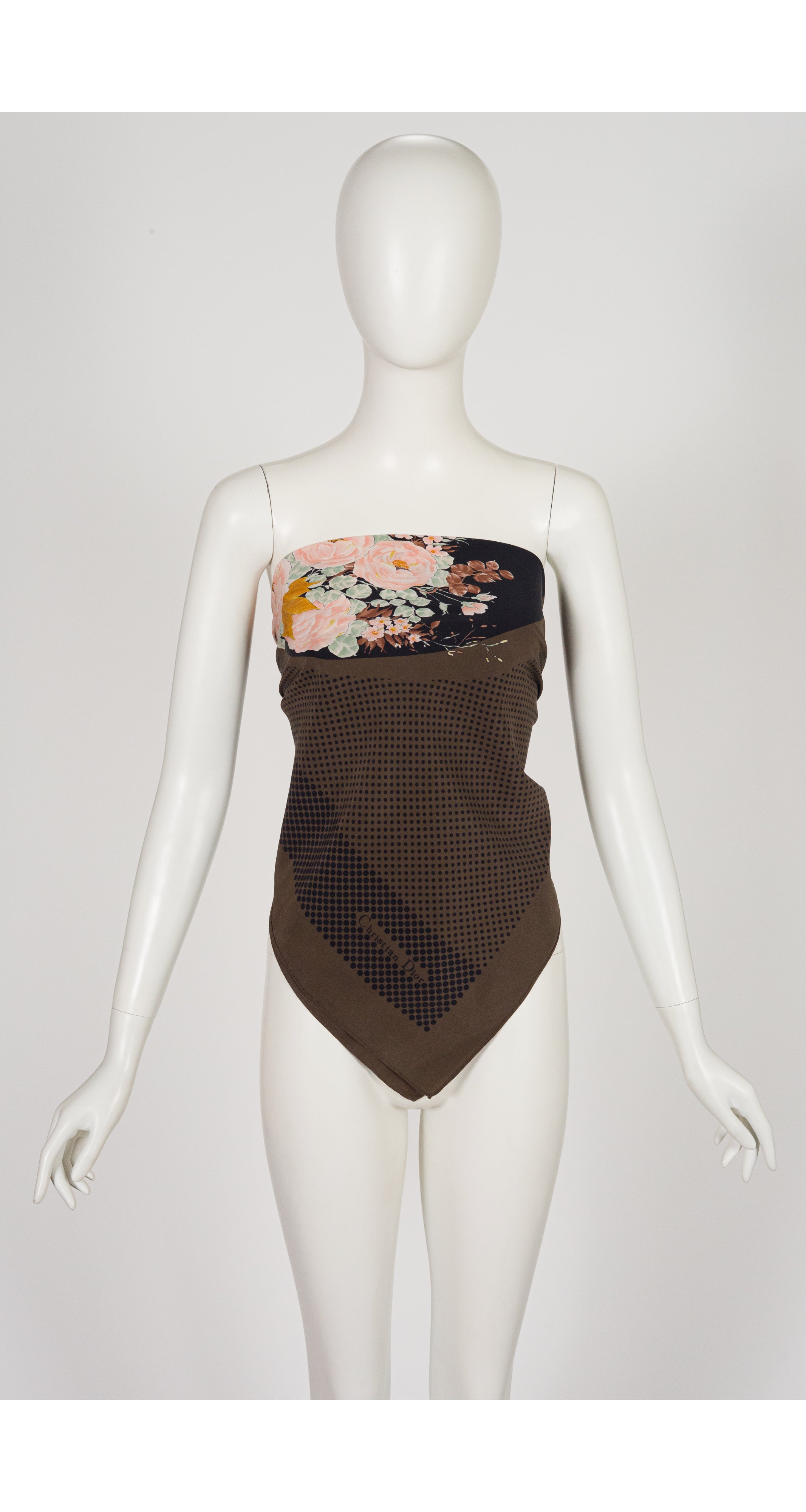 1980s "D" Floral Bouquet Print Brown Silk Scarf