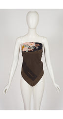 1980s "D" Floral Bouquet Print Brown Silk Scarf