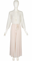 1976 S/S Embroidered White Rayon Wide Leg Jumpsuit