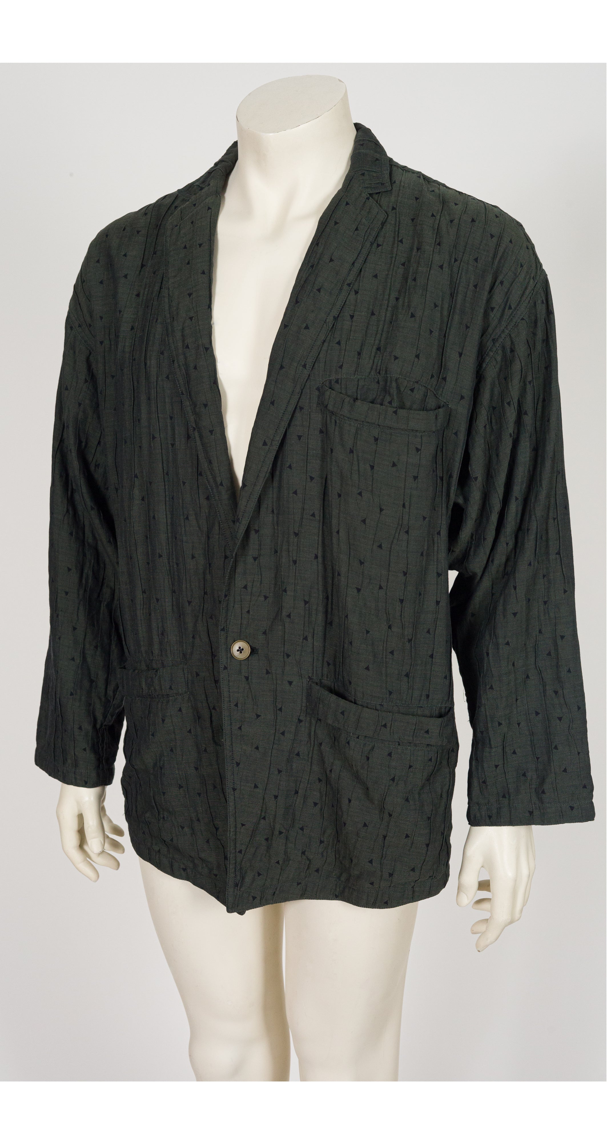 1986 S/S Men's Triangle Print Dark Green Crinkle Cotton Blazer