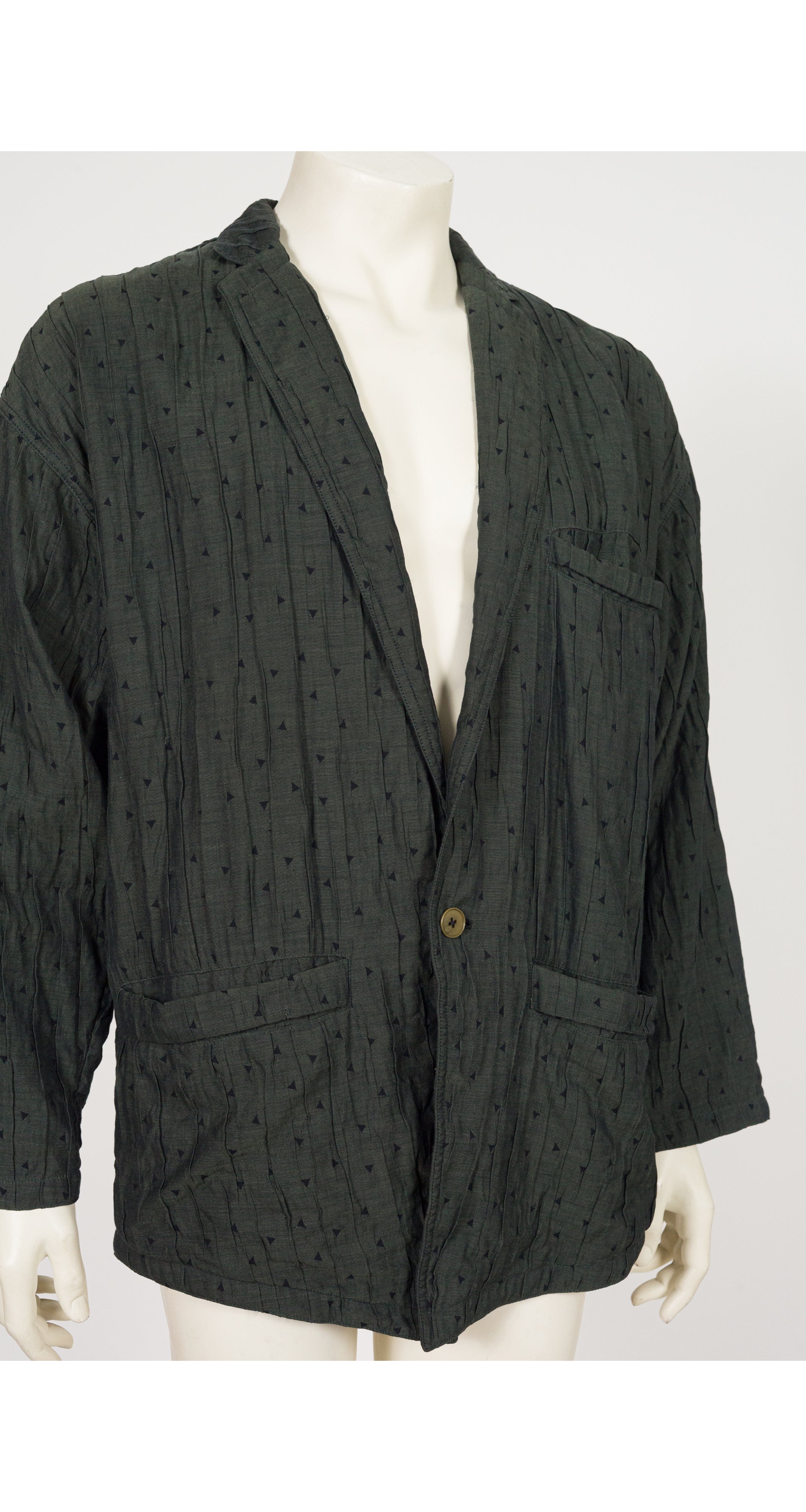 1986 S/S Men's Triangle Print Dark Green Crinkle Cotton Blazer
