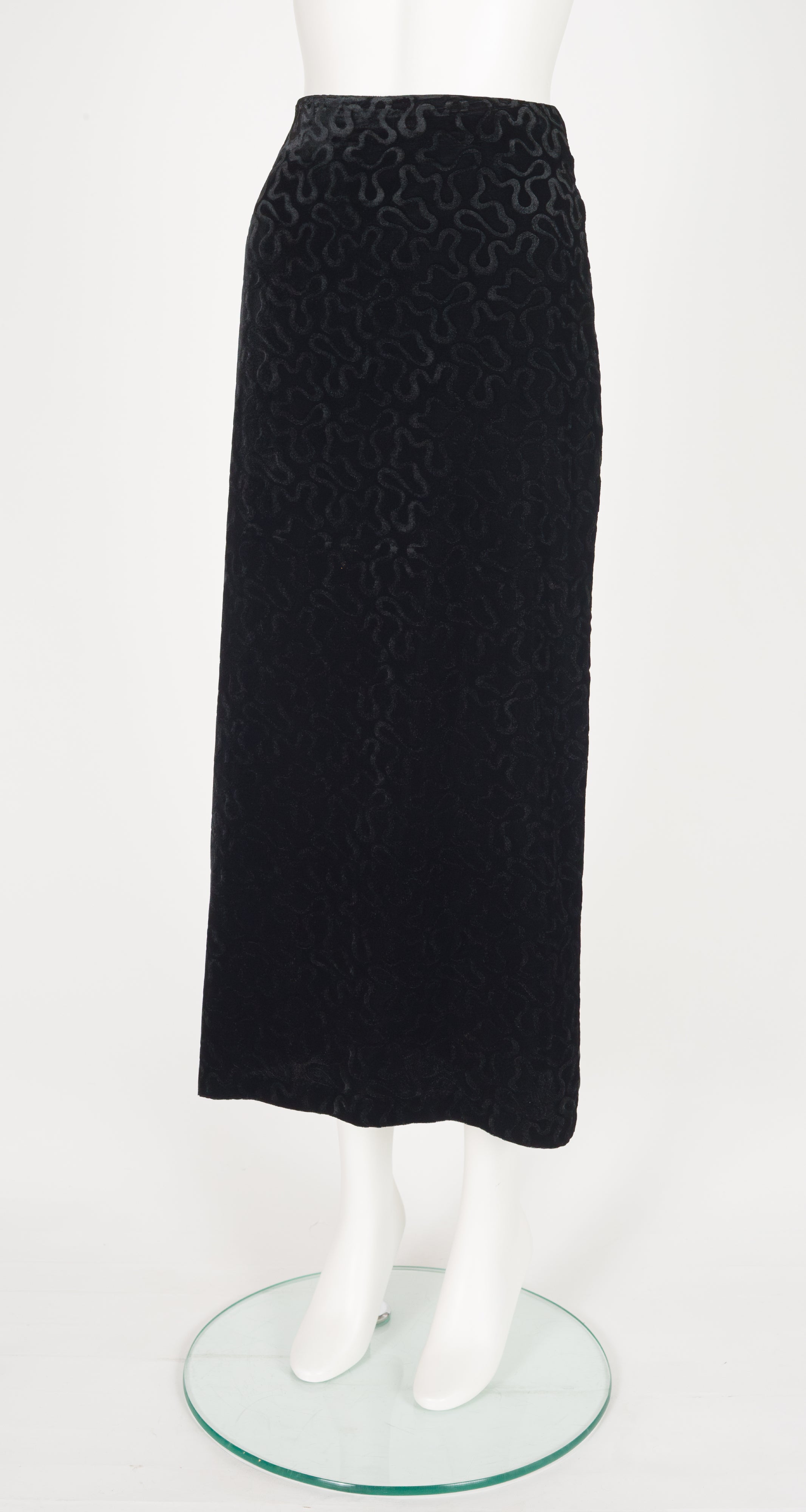 1980s Black Burnout Velvet Shawl Collar Skirt Suit