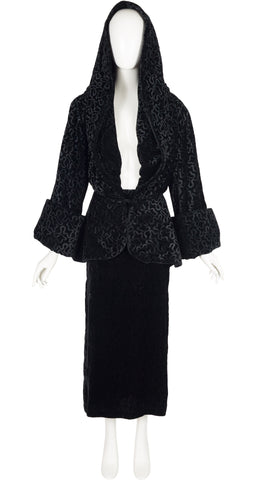 1980s Black Burnout Velvet Shawl Collar Skirt Suit