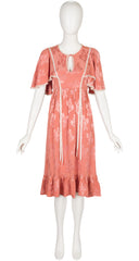 1970s Dusty Rose Jacquard Flutter Sleeve Dress