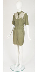 1990s Army Green Silk Fishnet Yoke Collared Dress