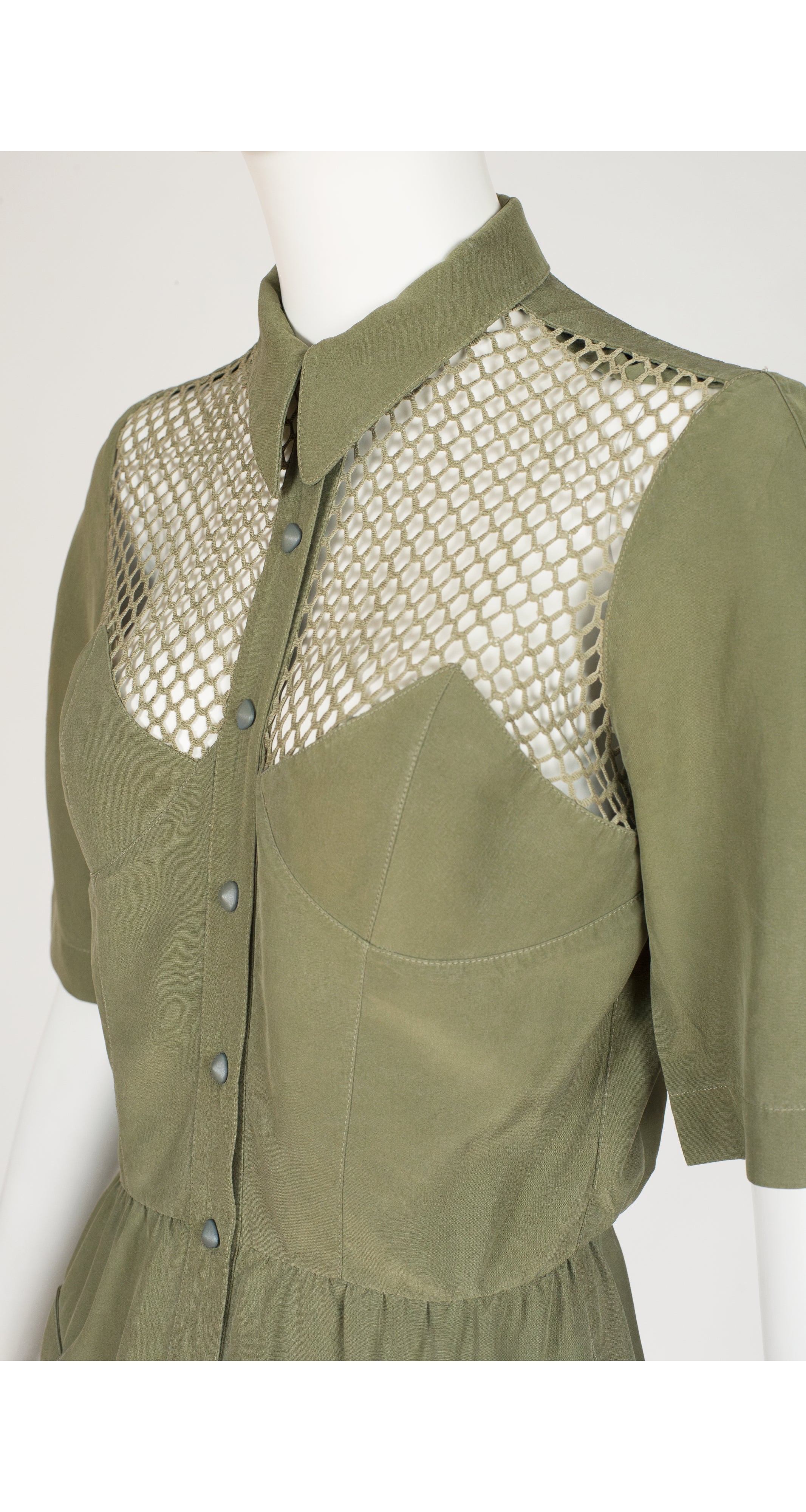 1990s Army Green Silk Fishnet Yoke Collared Dress