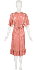 1970s Dusty Rose Jacquard Flutter Sleeve Dress
