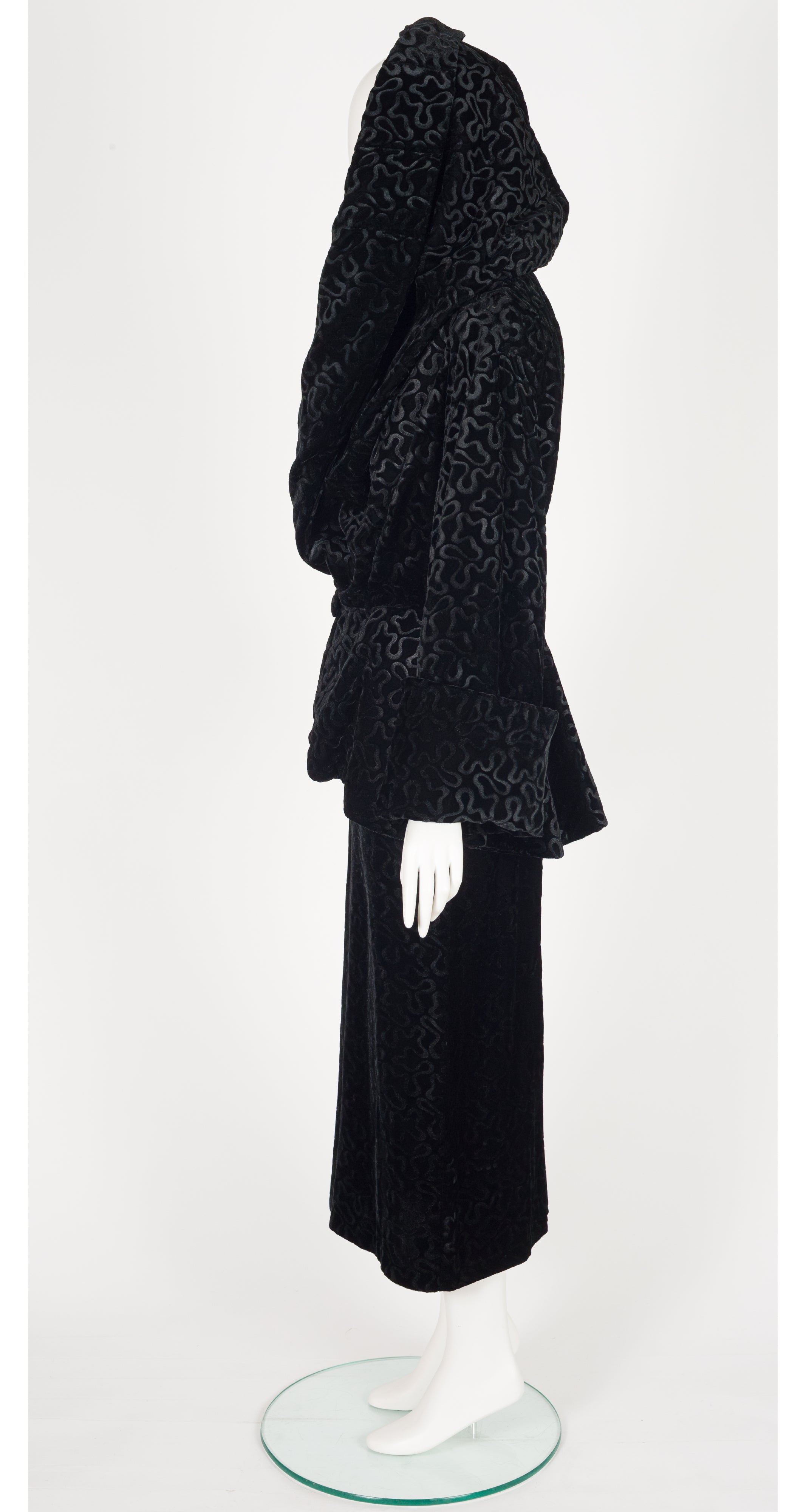 1980s Black Burnout Velvet Shawl Collar Skirt Suit