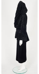 1980s Black Burnout Velvet Shawl Collar Skirt Suit
