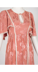 1970s Dusty Rose Jacquard Flutter Sleeve Dress