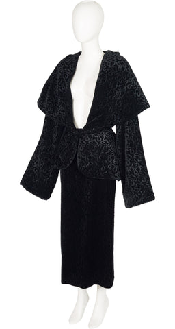 1980s Black Burnout Velvet Shawl Collar Skirt Suit
