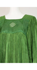 1970s Afghani Green Rayon Plissé Angel Sleeve Dress