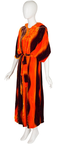 1970s Orange & Brown Swirl Velvet Hooded Caftan
