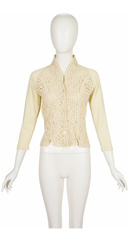 1950s Ivory Soutache Lace Wool Cardigan Sweater