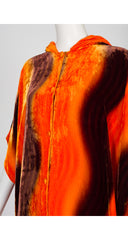1970s Orange & Brown Swirl Velvet Hooded Caftan