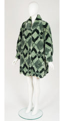 1980s Harlequin Print Sage Green Faux Fur Coat