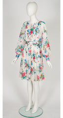1970s Floral White Cotton Voile Balloon Sleeve Dress