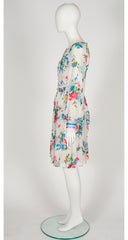1970s Floral White Cotton Voile Balloon Sleeve Dress