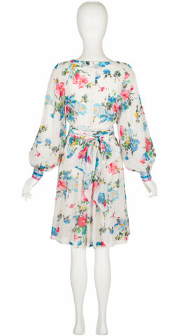 Back of 1970s Albert Nipon Floral White Cotton Vintage Dress 