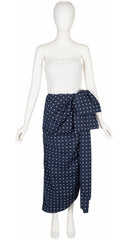 1980s Navy & White Polka Dot Draped Bustier Gown