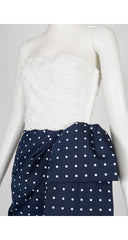 1980s Navy & White Polka Dot Draped Bustier Gown