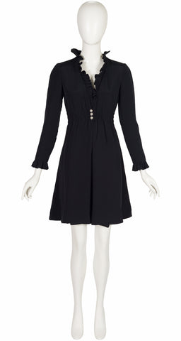 1960s Black Silk Crepe Ruffle Trim Dress