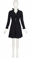 1960s Black Silk Crepe Ruffle Trim Dress