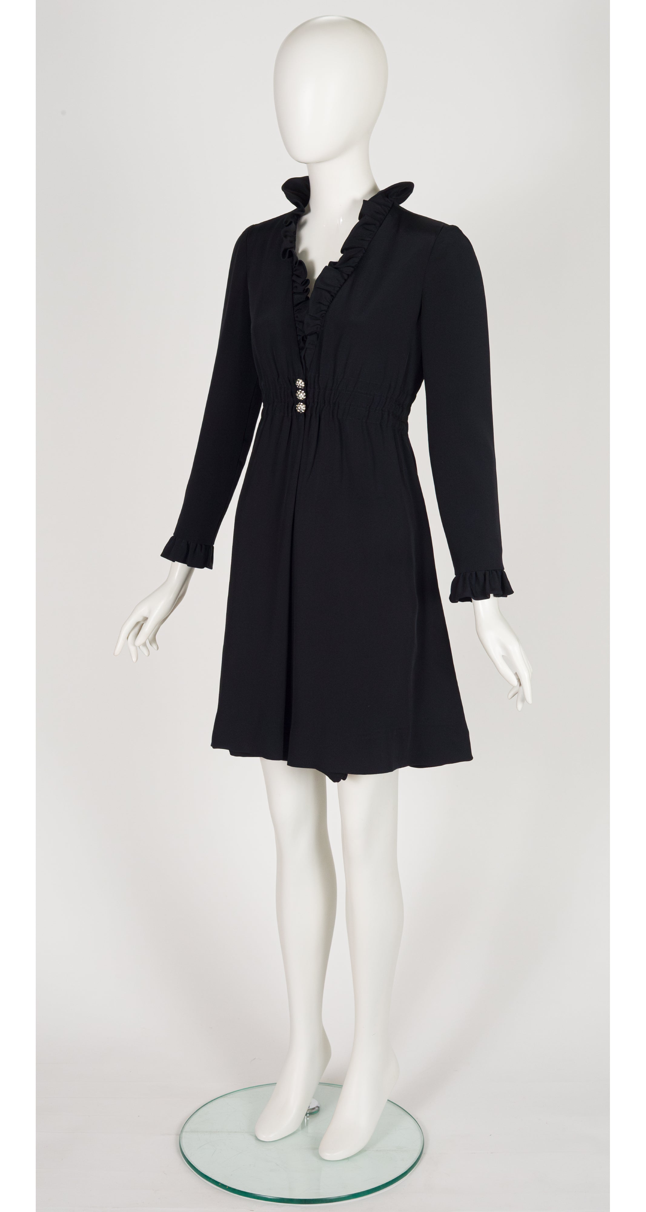 1960s Black Silk Crepe Ruffle Trim Dress
