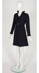 1960s Black Silk Crepe Ruffle Trim Dress