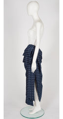 1980s Navy & White Polka Dot Draped Bustier Gown