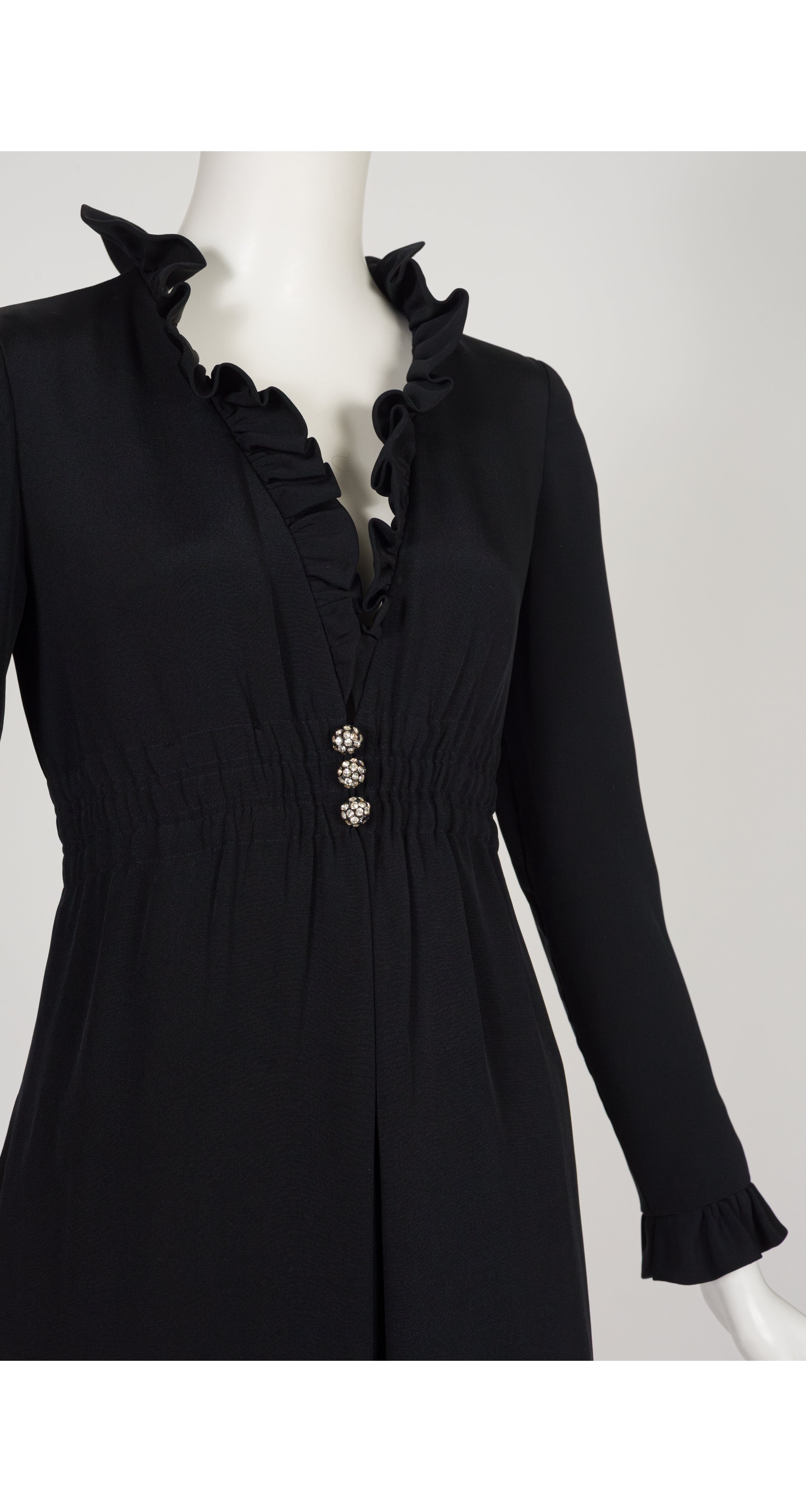 1960s Black Silk Crepe Ruffle Trim Dress