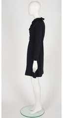 1960s Black Silk Crepe Ruffle Trim Dress