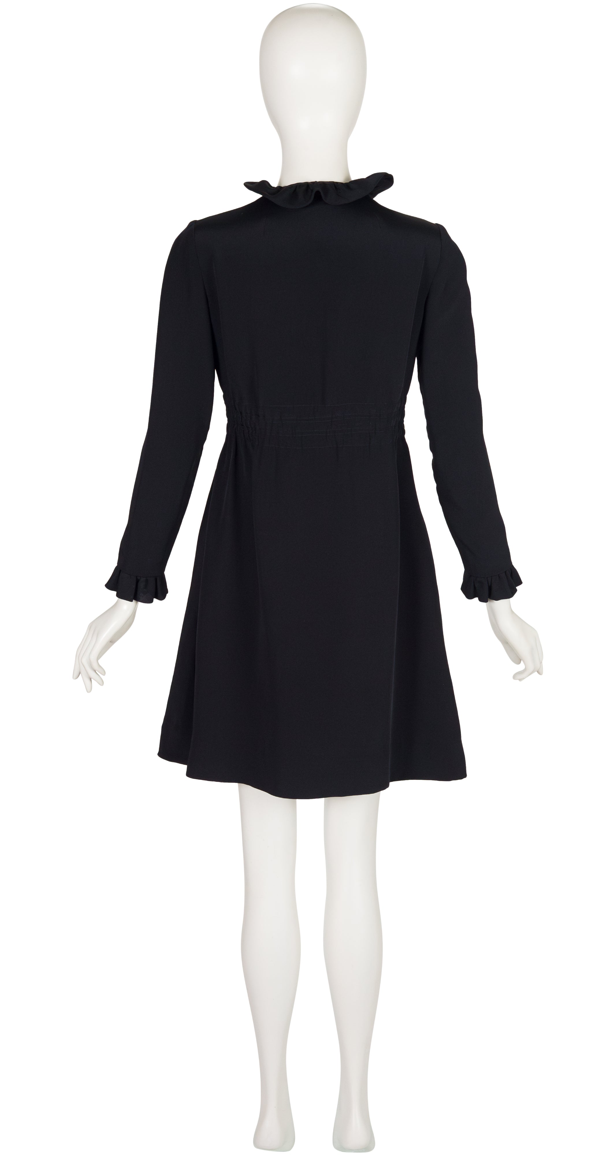 1960s Black Silk Crepe Ruffle Trim Dress