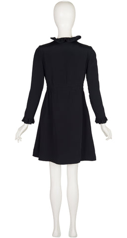 1960s Black Silk Crepe Ruffle Trim Dress