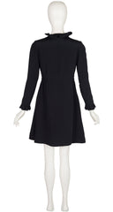 1960s Black Silk Crepe Ruffle Trim Dress