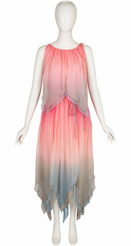 1978 S/S Ombré Silk Chiffon Handkerchief Hem Dress