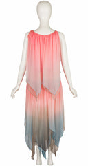 1978 S/S Ombré Silk Chiffon Handkerchief Hem Dress