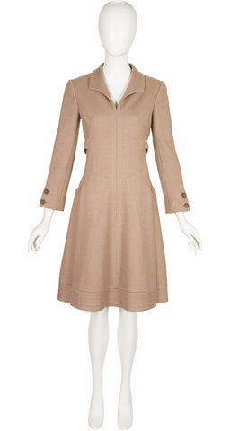 1970s Beige Wool Collared A-Line Dress
