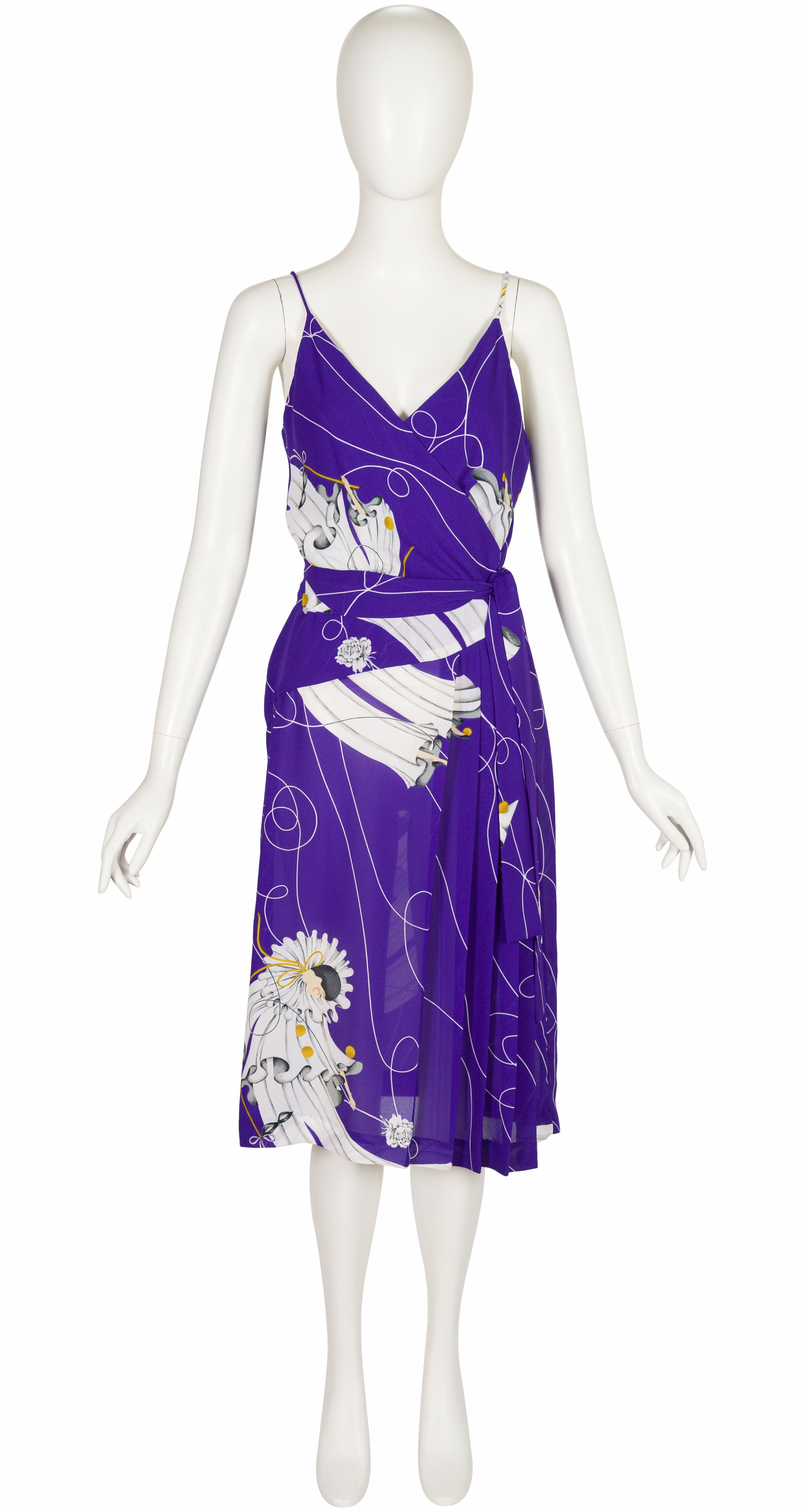 1970s Pierrot Print Purple Pleated Dress