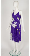 1970s Pierrot Print Purple Pleated Dress