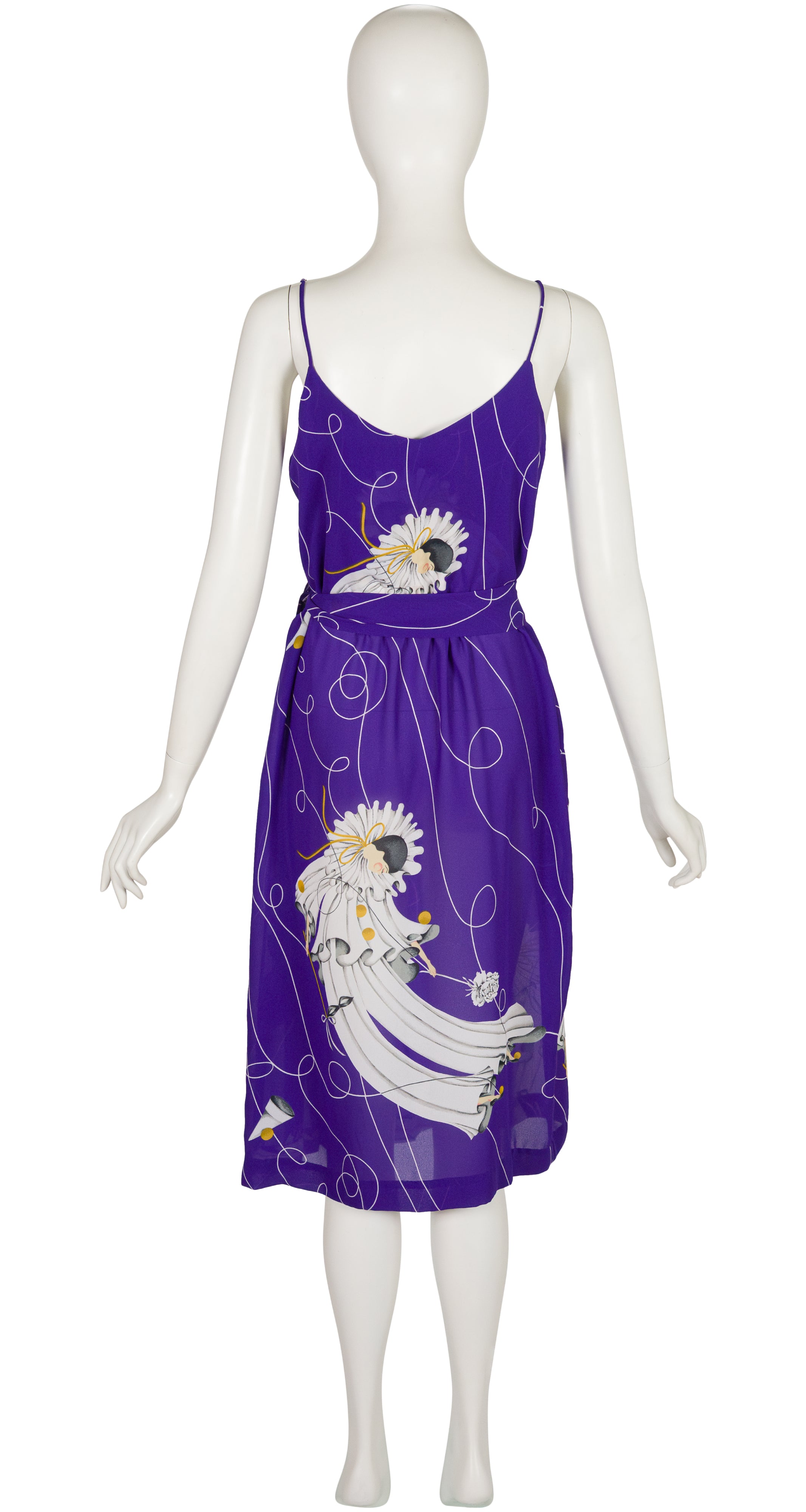 1970s Pierrot Print Purple Pleated Dress