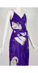 1970s Pierrot Print Purple Pleated Dress